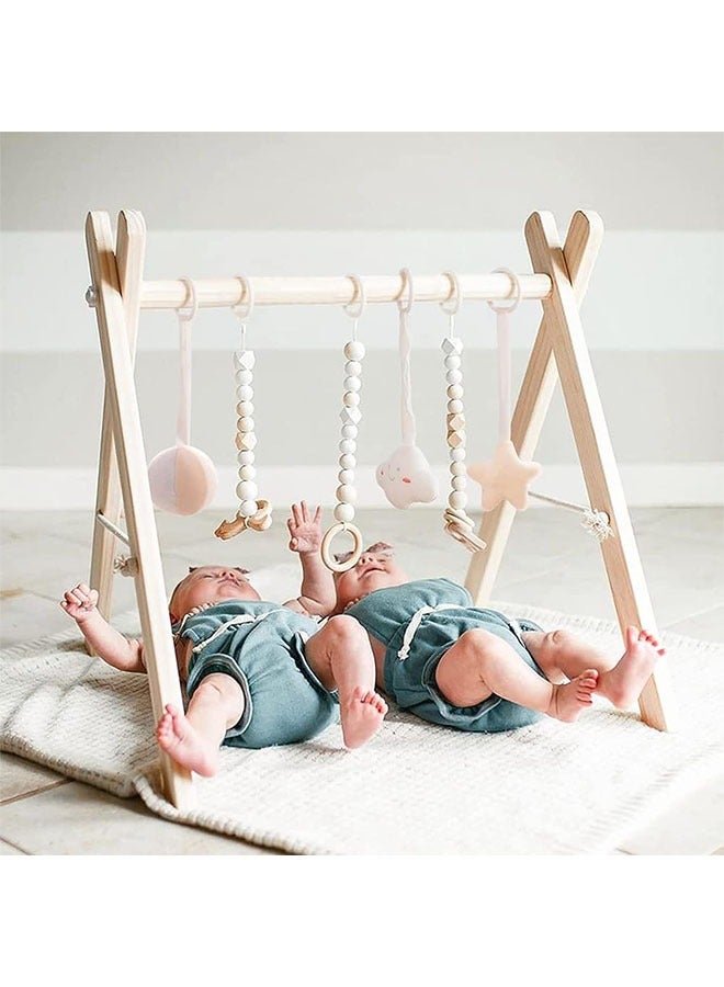 Wooden Baby Gym with 6 Hanging Toys Foldable Baby Play Gym Frame Activity Gym Hanging Bar Newborn Gift Baby Girl and Boy Gym，Baby Toys for Perfect 0-1.5 Years Baby (style 8)