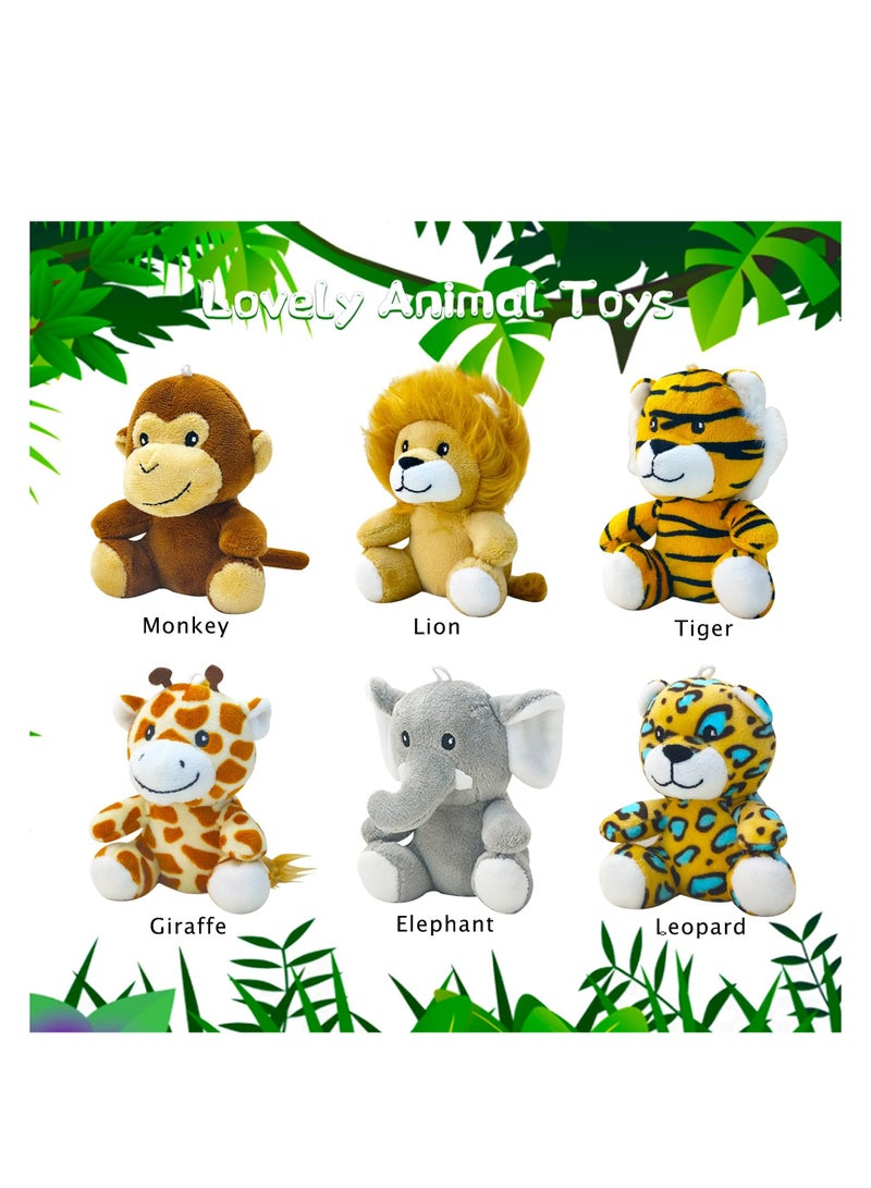 6 Pcs Stuffed Forest Animals Set, Mini Jungle Animal Bulk Plush Toys in 3.94 Inch Lion Monkey Elephant Giraffe Tiger Leopard Plush for Woodland Themed Parties for Kids
