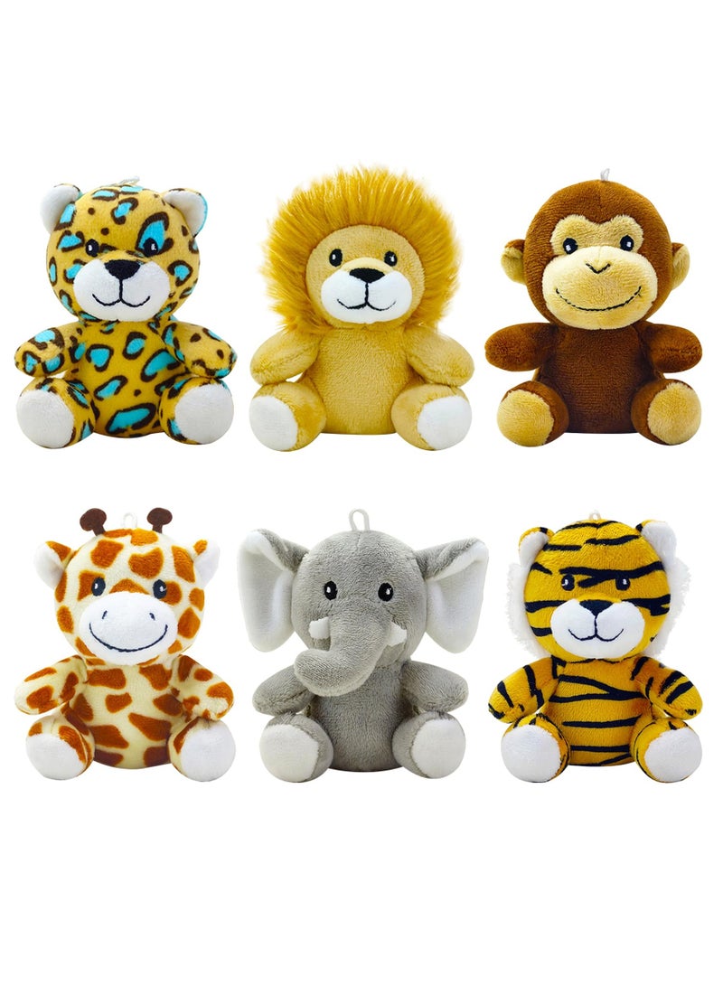 6 Pcs Stuffed Forest Animals Set, Mini Jungle Animal Bulk Plush Toys in 3.94 Inch Lion Monkey Elephant Giraffe Tiger Leopard Plush for Woodland Themed Parties for Kids