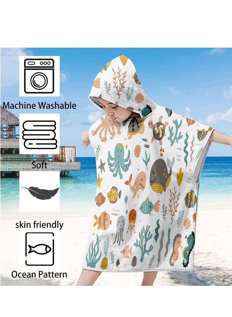 Kids Hooded Towel for Boys and Girls Soft and Absorbent Beach Towel with Underwater World Tattoo Stickers 75*65cm Soft Cotton Terry Hooded Towel Microfiber Absorbent Soft Bath Towel Whale