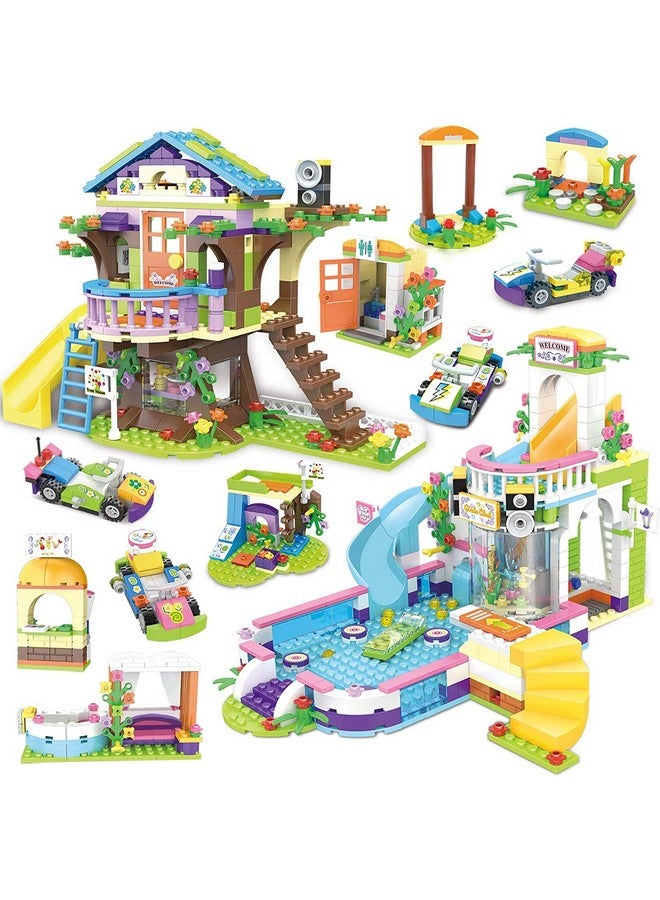 1274 Pieces Friends Tree House Summer Pool Party Building Kit Friends Treehouse Swimming Pool Building Set With Storage Box Creative Building Blocks Toy Birthday Gifts For Kids Girls Aged 612