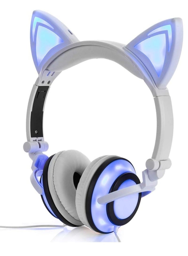 Stereo Headphones, Cat Headphones Foldable Size Adjustable Earphones with Flashing LED Lights for Kids Teens Adults, Compatible for iPad Tablet PC Computer Mobile Phone MP3 White