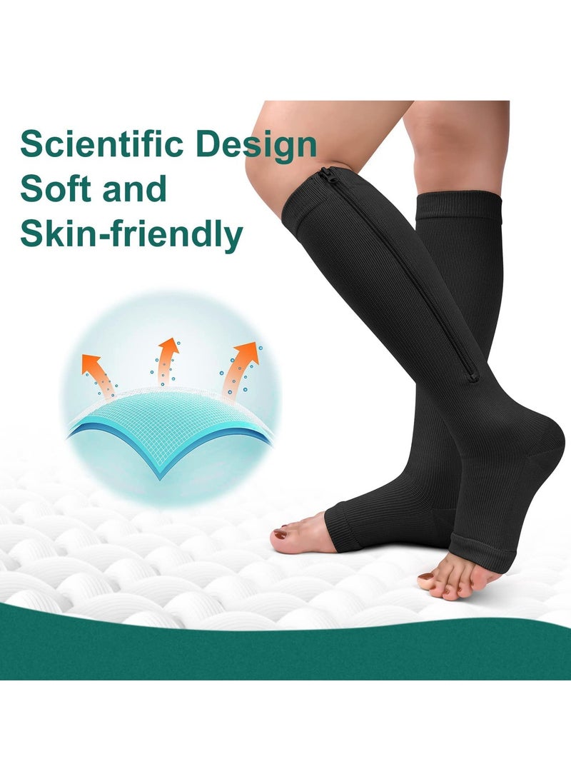 2 Pairs Compression Socks Open Toe Compression Stockings Knee High Socks with Zipper Compression Pantyhose 15-20mmHg for Improves Blood Circulation Prevents Leg Swelling (Black)