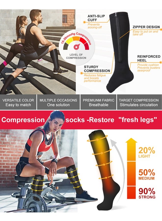 2 Pairs Compression Socks Open Toe Compression Stockings Knee High Socks with Zipper Compression Pantyhose 15-20mmHg for Improves Blood Circulation Prevents Leg Swelling (Black)