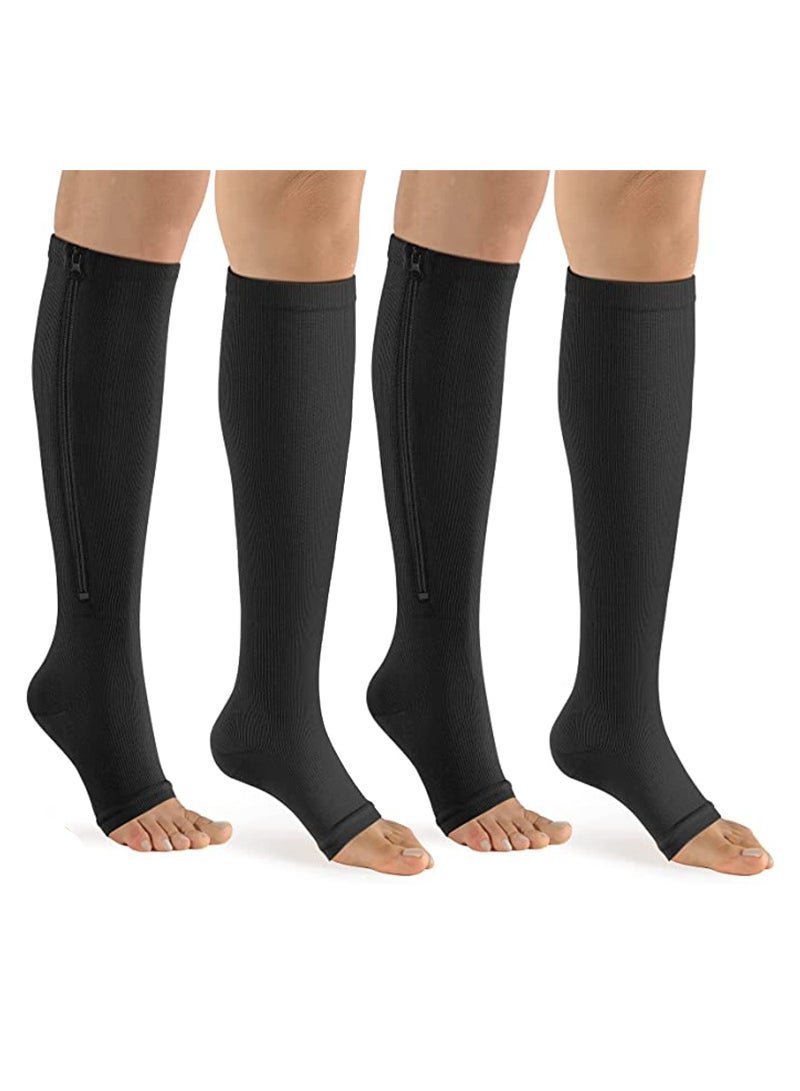 2 Pairs Compression Socks Open Toe Compression Stockings Knee High Socks with Zipper Compression Pantyhose 15-20mmHg for Improves Blood Circulation Prevents Leg Swelling (Black)