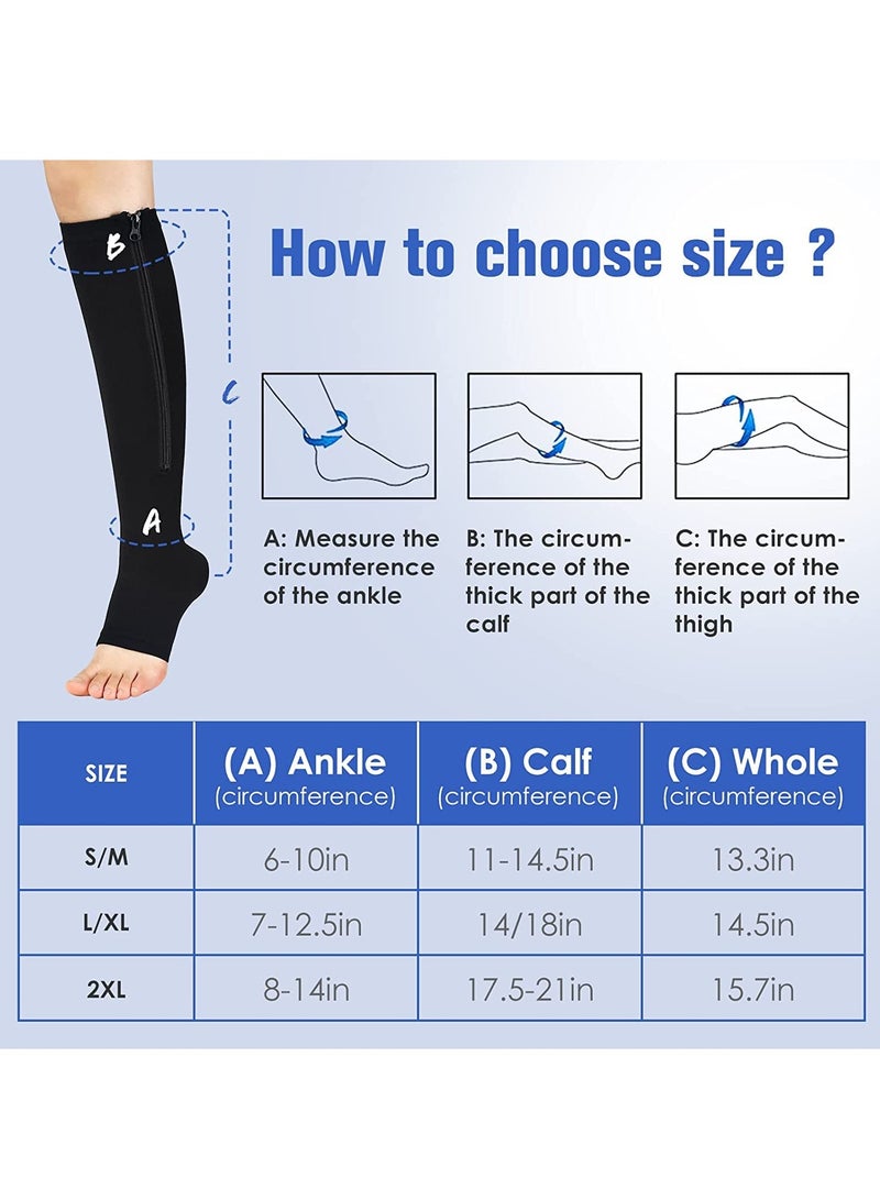 2 Pairs Compression Socks Open Toe Compression Stockings Knee High Socks with Zipper Compression Pantyhose 15-20mmHg for Improves Blood Circulation Prevents Leg Swelling (Black)