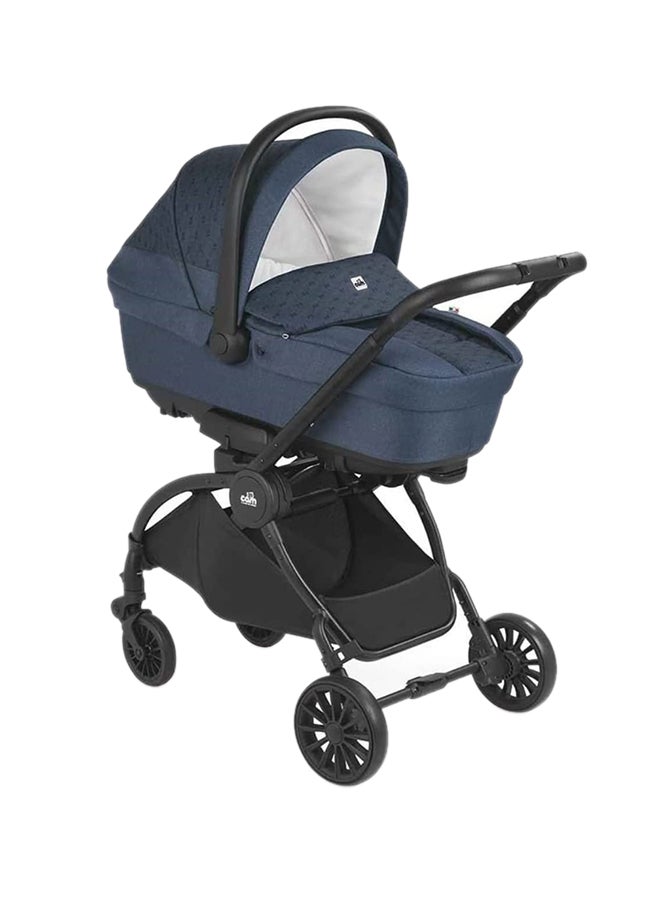 Vogue Baby Travel System - Blue, From 0 To 4 Years Old, Spacious Carrycot, Mattress, Hood With Extendable Sun Visor, Rocking Function, Compact Folding Pushchair, Made In Italy, Safety Harness
