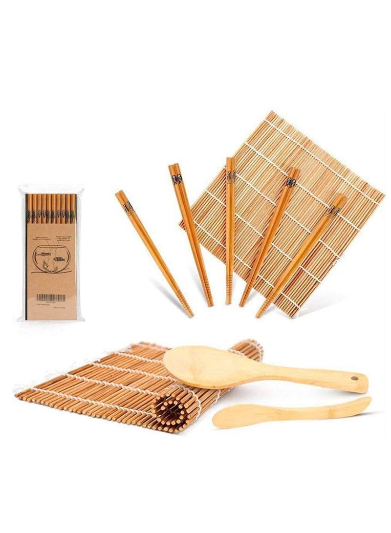 Sushi Making Kit, Bamboo Sushi Mat, Including 2 Sushi Rolling Mats, 5 Pairs of Chopsticks, 1 Paddle, 1 Spreader, 1 Beginner Guide PDF, Roll On, Beginner Sushi Kit