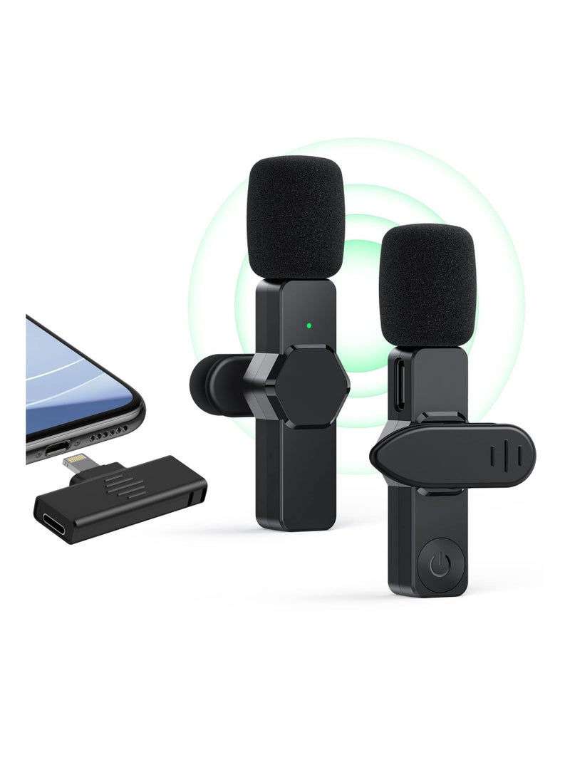 Wireless Lavalier Microphone for iPhone iPad, Plug-Play Wireless Lapel Mic with 3 Level Noise Reduction Auto-Sync for Video Recording, for TikTok YouTube Facebook Live Stream with 2 Pack Wireless Mics