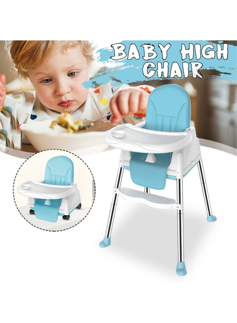3 in 1 Convertible High Chair for Kids with Adjustable Height and Footrest, Baby Toddler Feeding Booster Seat with Tray, Wheels, Safety Belt and Cushion For 6 Months to 3 Years