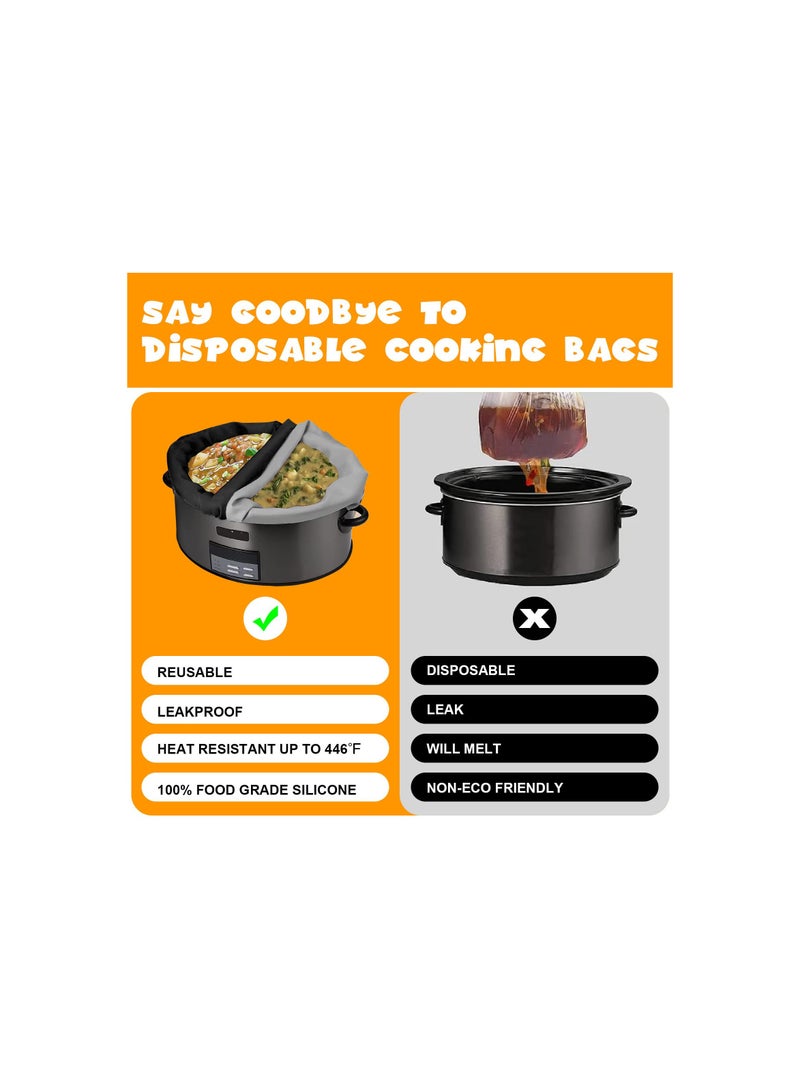 Silicone Slow Cooker Liners, Reusable Slow Cooker Cooking Bags Fit 3-8.5 Quarts for Oval or Round Pot Slow Cooker, Leakproof & Easy Clean Bags Liners, Kitchen Accessories (Black+Gray)(2 Pack)