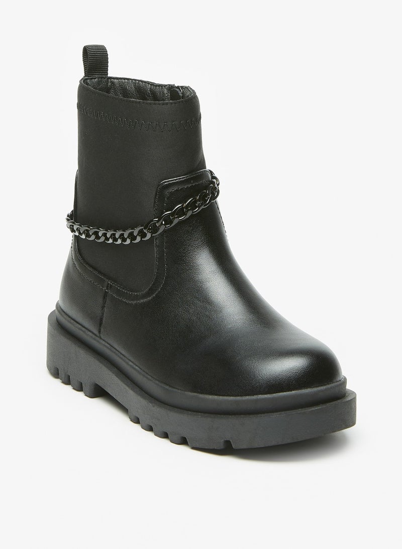 Girls Chain Accented Ankle Boots with Zip Closure