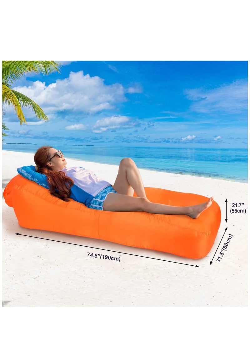 Inflatable Lounger, Portable Inflatable Couch Mesh Hollow Air Hammock Anti Leakage Air Chair for Outdoor Camping Hiking Beach Traveling Music Festivals Backyard, No Pump Required (Orange)
