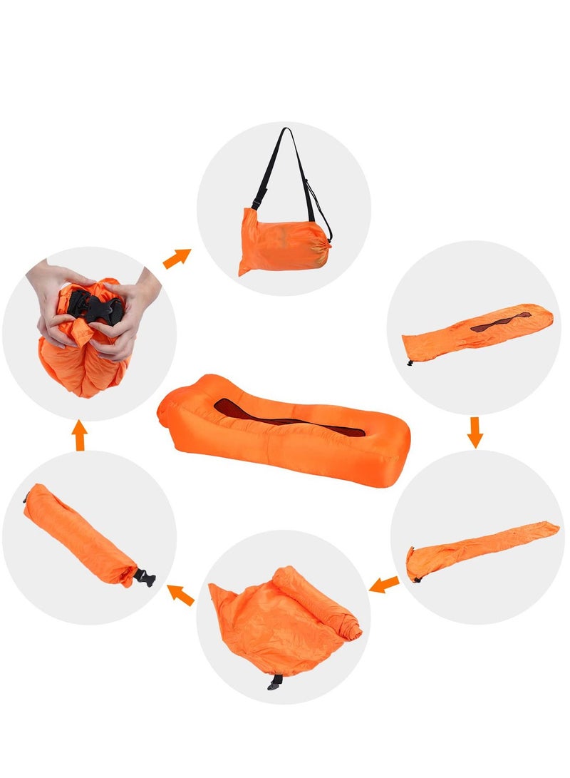 Inflatable Lounger, Portable Inflatable Couch Mesh Hollow Air Hammock Anti Leakage Air Chair for Outdoor Camping Hiking Beach Traveling Music Festivals Backyard, No Pump Required (Orange)