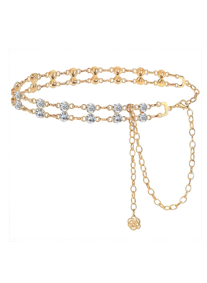 Double Row Rhinestone Crystal Belt for Women, Sparkling Waistband Belt for Dresses, O Ring Chain Design, Glamorous Gift, S Size