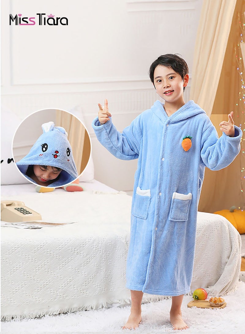 Boys Hooded Bathrobe Soft Coral Fleece Robe Fashionable Kids Pajamas Blue