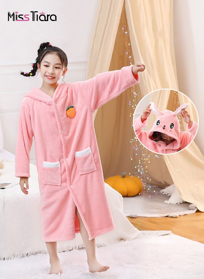 Girls Hooded Bathrobe Soft Coral Fleece Robe Fashionable Kids Pajamas Pink