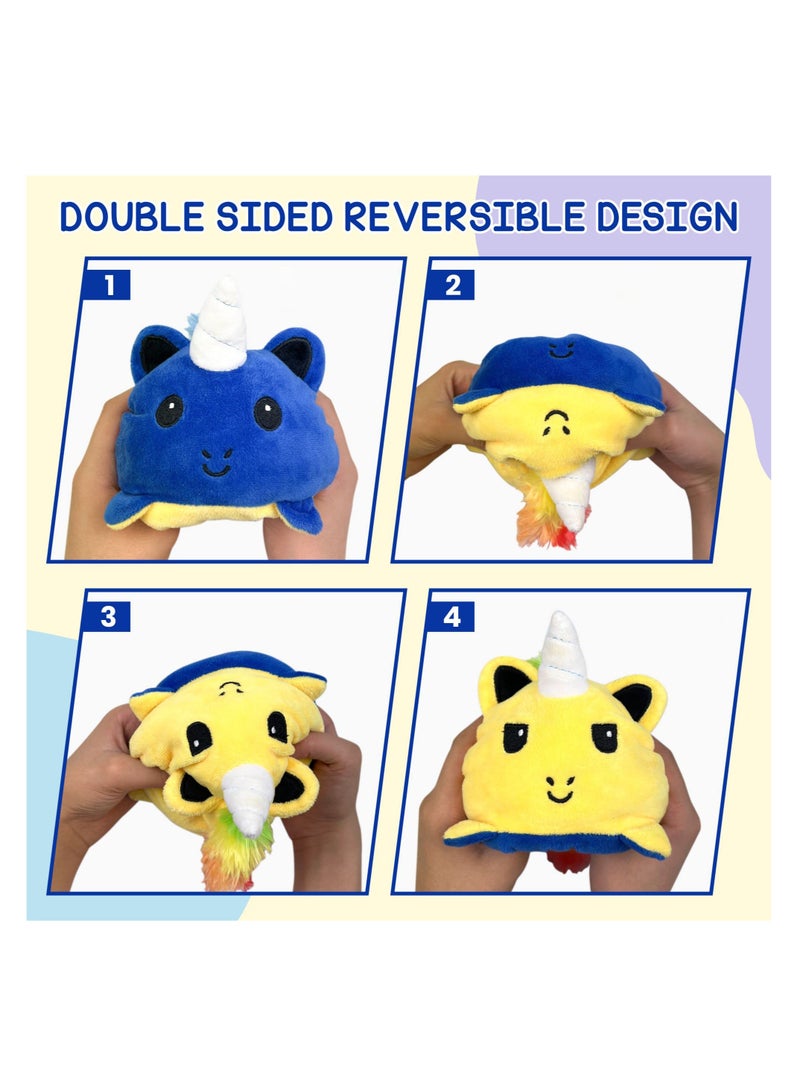 Reversible Teddy Cat Plushie Toys Mood Plush Toys Stuffed Animal Lovely Plushies Gifts for Girls, Boys and Adults (Dark Blue & Yellow)