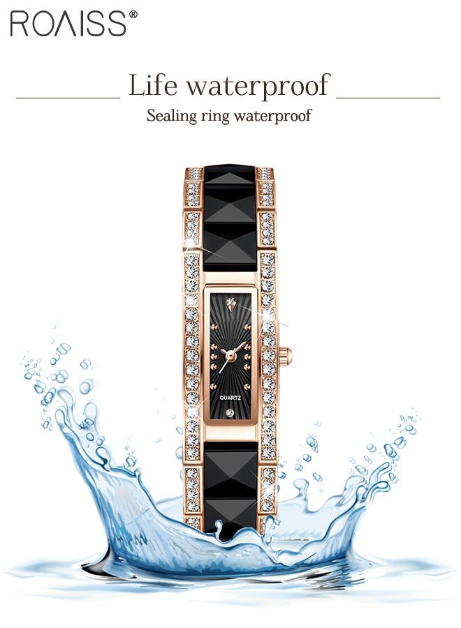 Women's Ceramic Strap Quartz Watch Analog Display Rectangle Black Dial Decorated with Rhinestones Waterproof Luxurious Wristwatch as Gift for Ladies