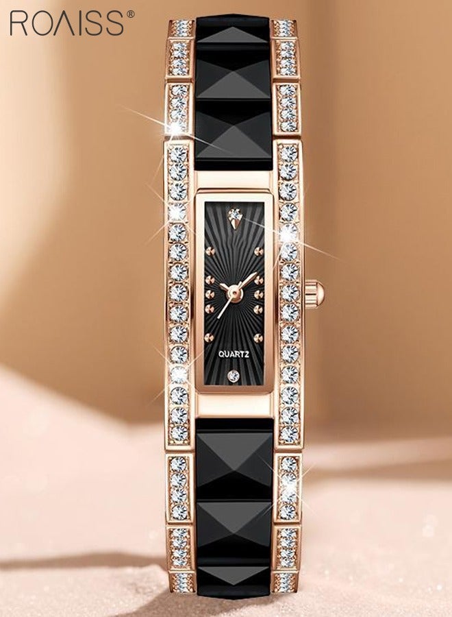 Women's Ceramic Strap Quartz Watch Analog Display Rectangle Black Dial Decorated with Rhinestones Waterproof Luxurious Wristwatch as Gift for Ladies