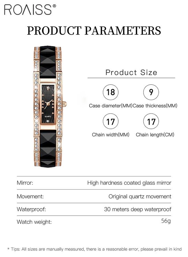 Women's Ceramic Strap Quartz Watch Analog Display Rectangle Black Dial Decorated with Rhinestones Waterproof Luxurious Wristwatch as Gift for Ladies