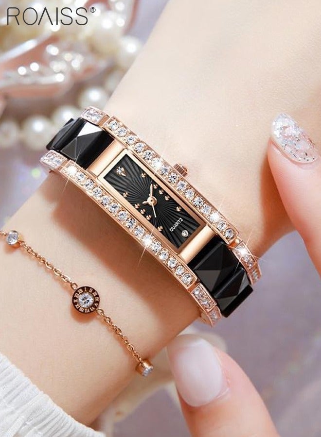 Women's Ceramic Strap Quartz Watch Analog Display Rectangle Black Dial Decorated with Rhinestones Waterproof Luxurious Wristwatch as Gift for Ladies