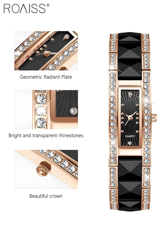 Women's Ceramic Strap Quartz Watch Analog Display Rectangle Black Dial Decorated with Rhinestones Waterproof Luxurious Wristwatch as Gift for Ladies