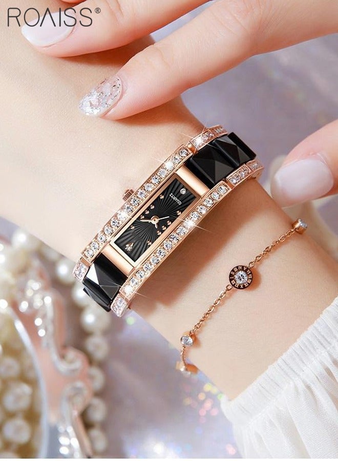 Women's Ceramic Strap Quartz Watch Analog Display Rectangle Black Dial Decorated with Rhinestones Waterproof Luxurious Wristwatch as Gift for Ladies
