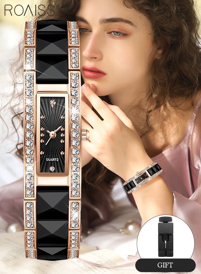Women's Ceramic Strap Quartz Watch Analog Display Rectangle Black Dial Decorated with Rhinestones Waterproof Luxurious Wristwatch as Gift for Ladies