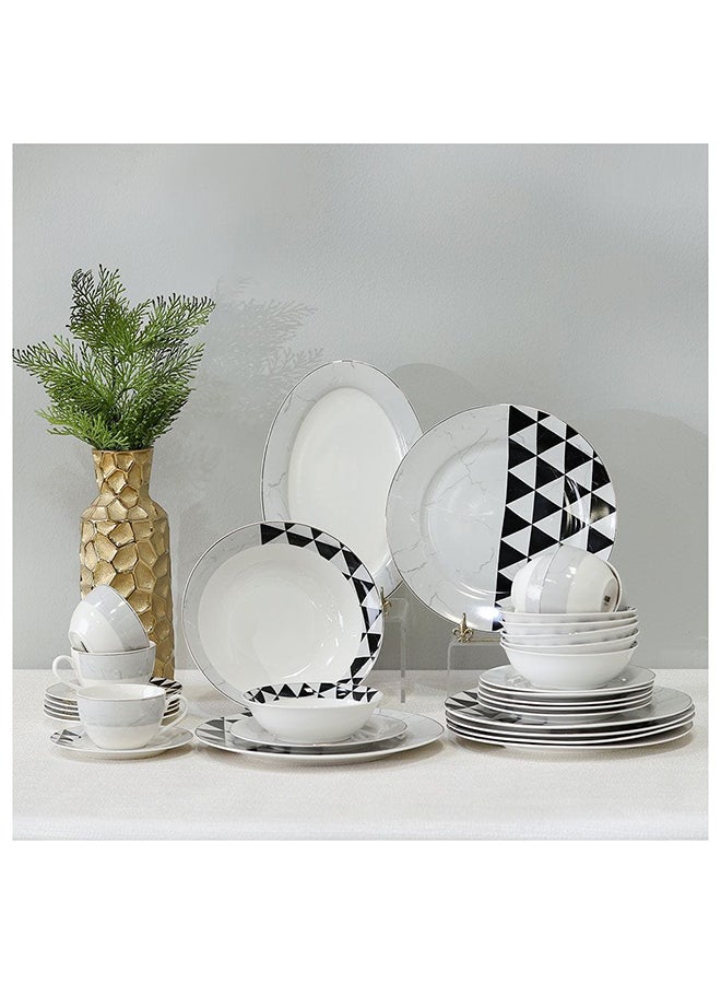 Geometric 32 Piece New Bone China Dinner Set Includes Dinner Plate Soup Plate Bowls Cups Saucers For Kitchen And Dining Room Serve 6 37.5X27.5X28.5 Cm Black