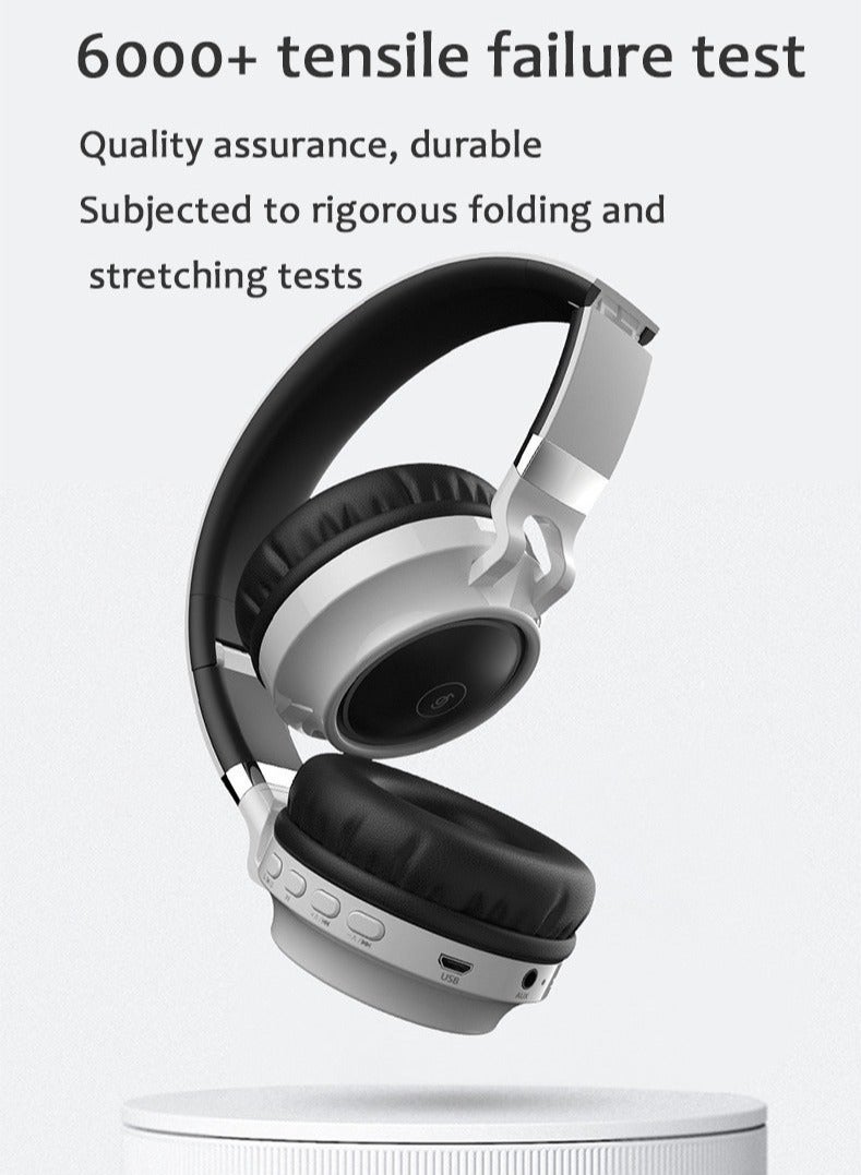 Foldable Bluetooth 5.0 Headphones, On-Ear/Over-Ear Wired and Wireless Headsets with Mic, FM, SD/TF, Hi-Fi Stereo Deep Bass, 25 Hours Playtime, for Travel, Home, Office (White)