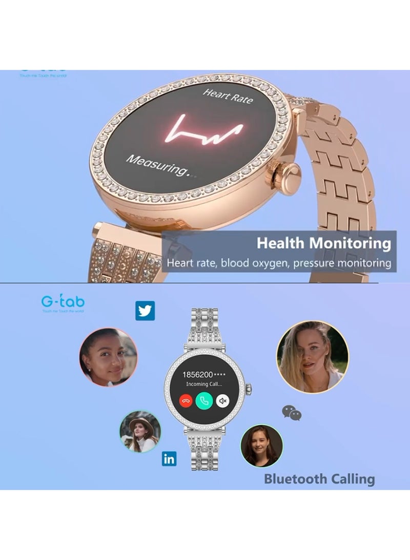Gtab GT10 1.2 Inch AMOLED Display Diamond Edition Ladies Smart Watch With Bracelet 2 Pair Straps and Wireless Charger Gold