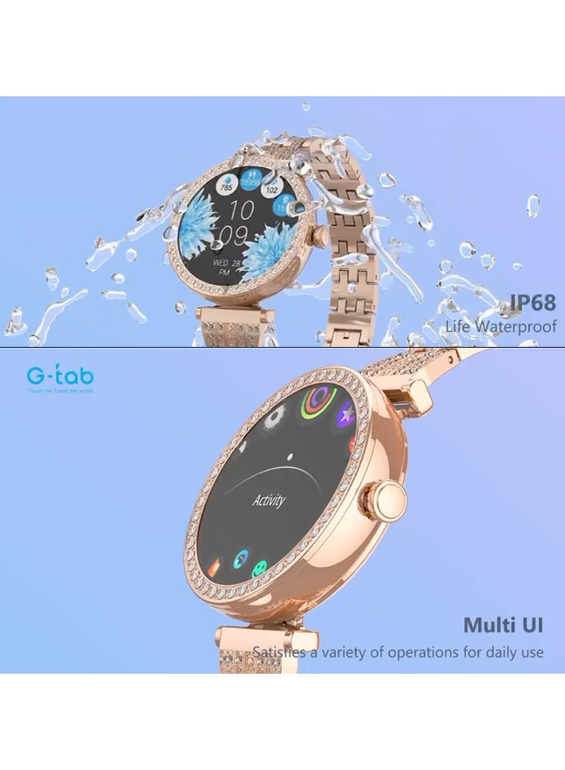 Gtab GT10 1.2 Inch AMOLED Display Diamond Edition Ladies Smart Watch With Bracelet 2 Pair Straps and Wireless Charger Gold