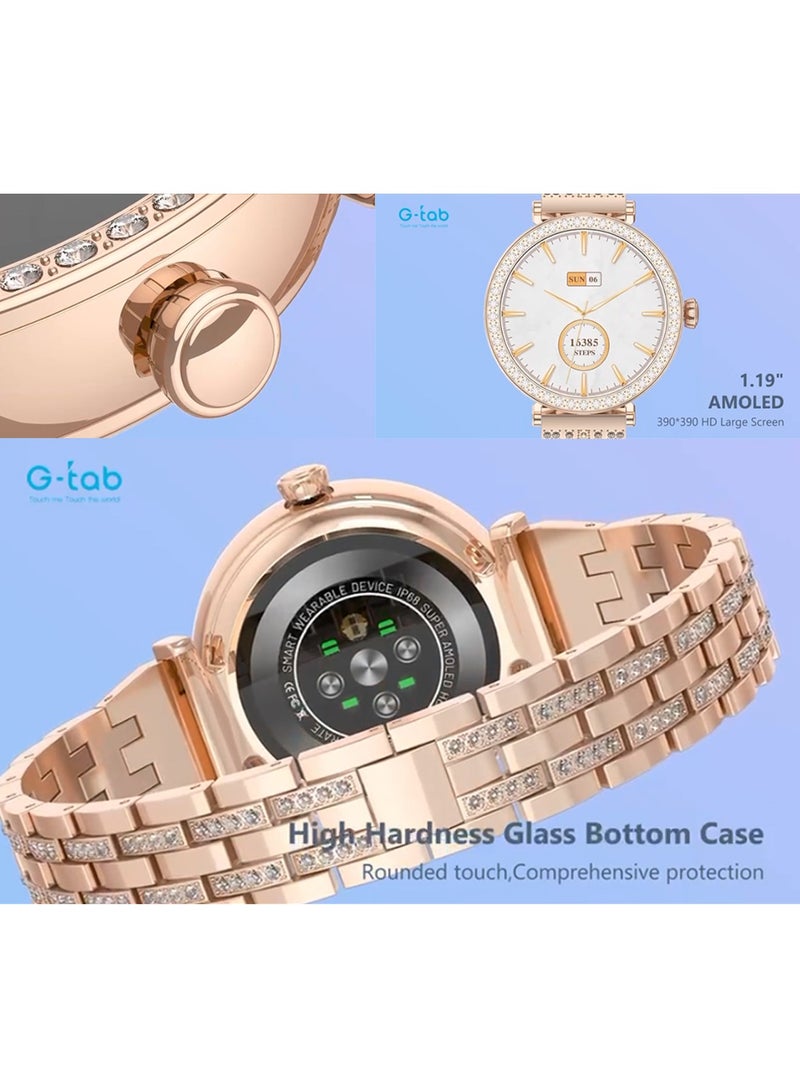 Gtab GT10 1.2 Inch AMOLED Display Diamond Edition Ladies Smart Watch With Bracelet 2 Pair Straps and Wireless Charger Gold