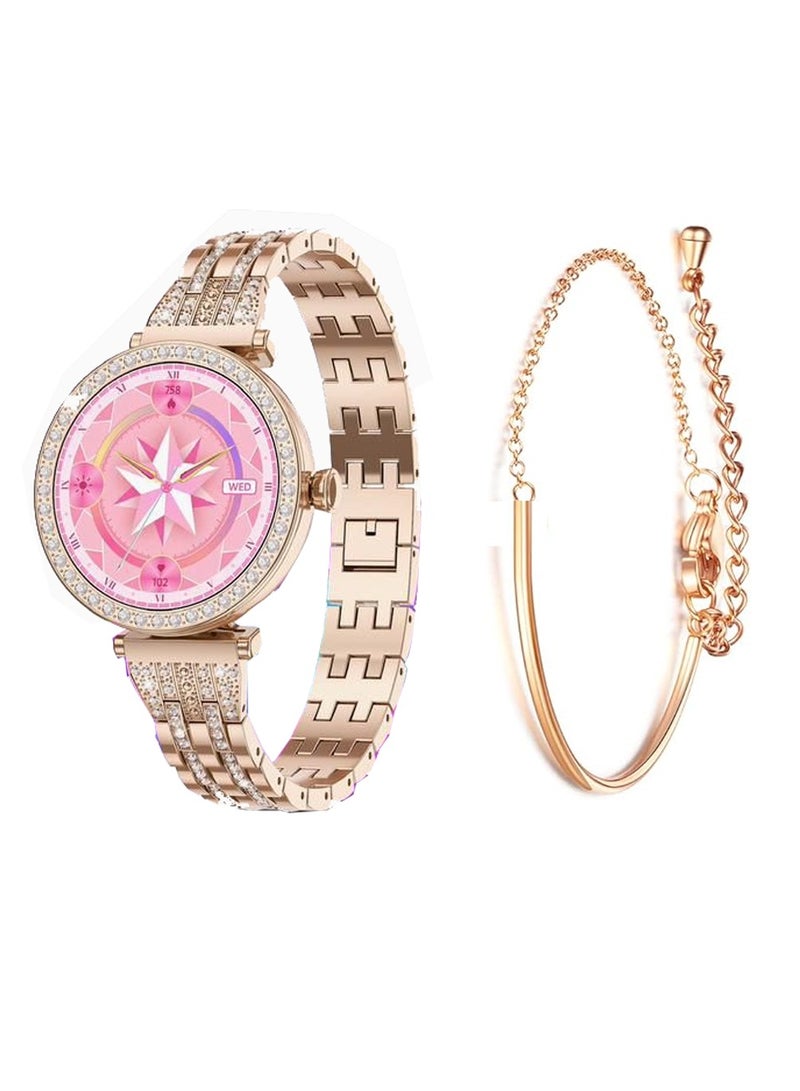 Gtab GT10 1.2 Inch AMOLED Display Diamond Edition Ladies Smart Watch With Bracelet 2 Pair Straps and Wireless Charger Gold