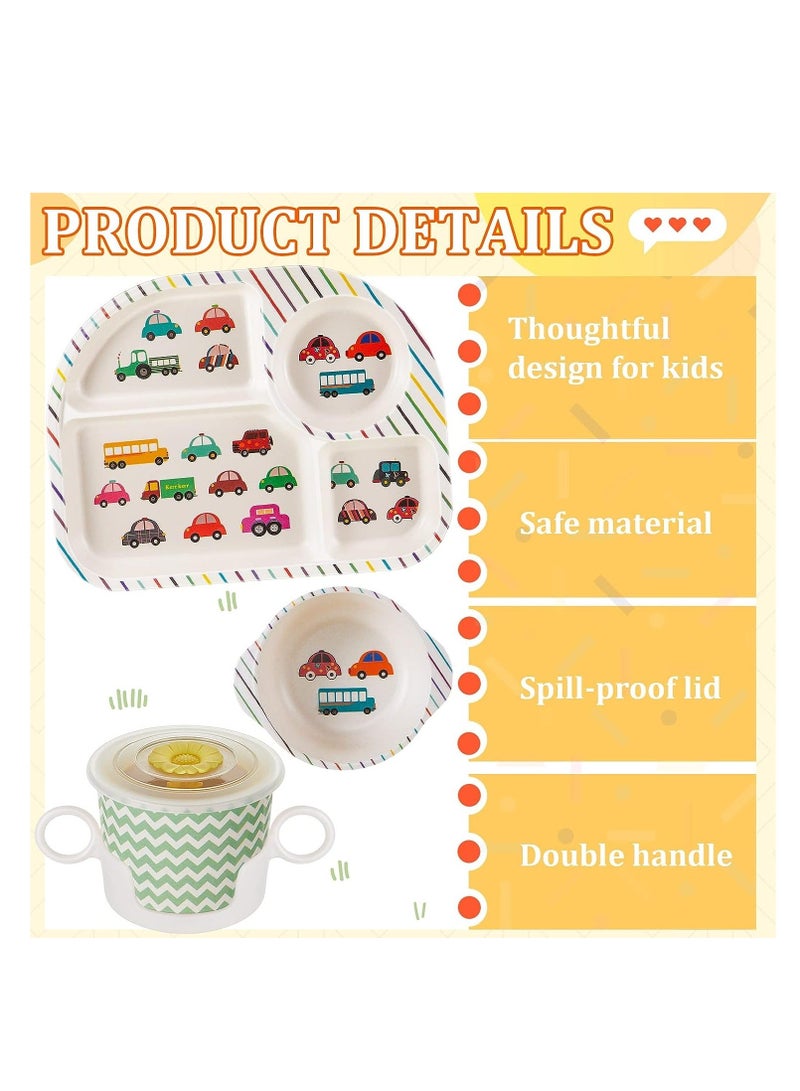 Bamboo Fiber Baby Dinnerware Set, Food Plate Bowl Cup Spoon Fork Set Dishware, BPA Free Dishwasher Safe Cartoon Tableware for Kids, of 5 Pcs, Car Pattern
