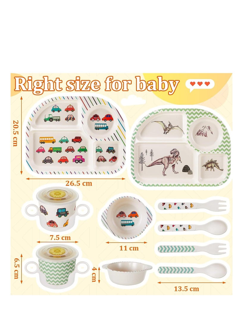 Bamboo Fiber Baby Dinnerware Set, Food Plate Bowl Cup Spoon Fork Set Dishware, BPA Free Dishwasher Safe Cartoon Tableware for Kids, of 5 Pcs, Car Pattern