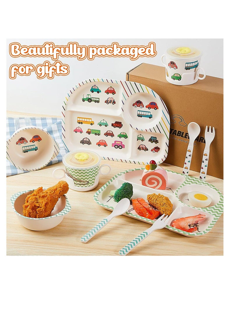 Bamboo Fiber Baby Dinnerware Set, Food Plate Bowl Cup Spoon Fork Set Dishware, BPA Free Dishwasher Safe Cartoon Tableware for Kids, of 5 Pcs, Car Pattern