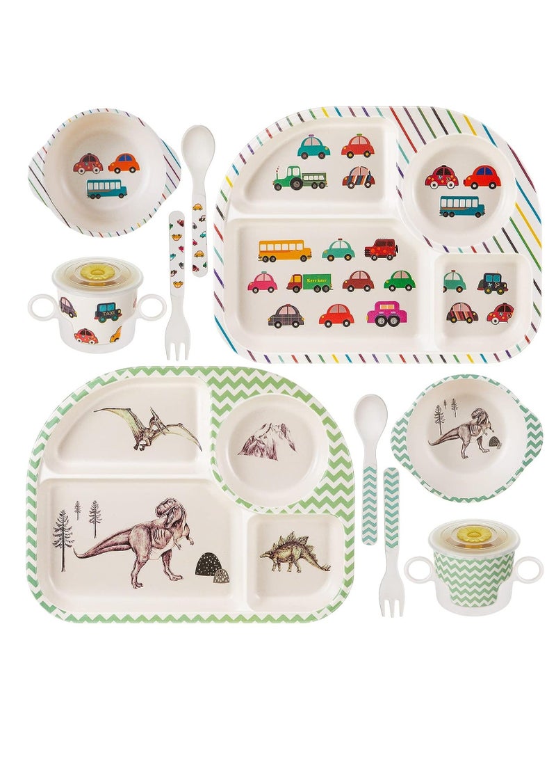 Bamboo Fiber Baby Dinnerware Set, Food Plate Bowl Cup Spoon Fork Set Dishware, BPA Free Dishwasher Safe Cartoon Tableware for Kids, of 5 Pcs, Car Pattern
