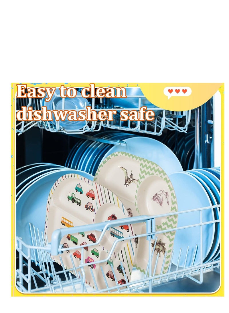 Bamboo Fiber Baby Dinnerware Set, Food Plate Bowl Cup Spoon Fork Set Dishware, BPA Free Dishwasher Safe Cartoon Tableware for Kids, of 5 Pcs, Car Pattern