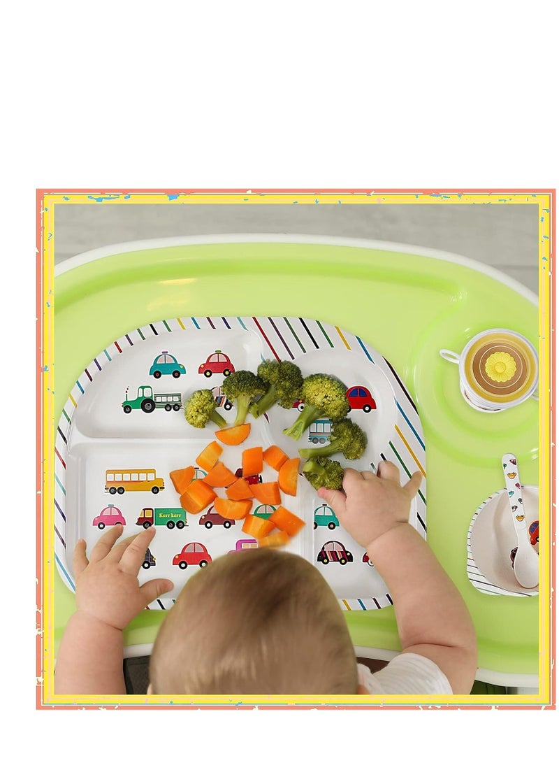 Bamboo Fiber Baby Dinnerware Set, Food Plate Bowl Cup Spoon Fork Set Dishware, BPA Free Dishwasher Safe Cartoon Tableware for Kids, of 5 Pcs, Car Pattern