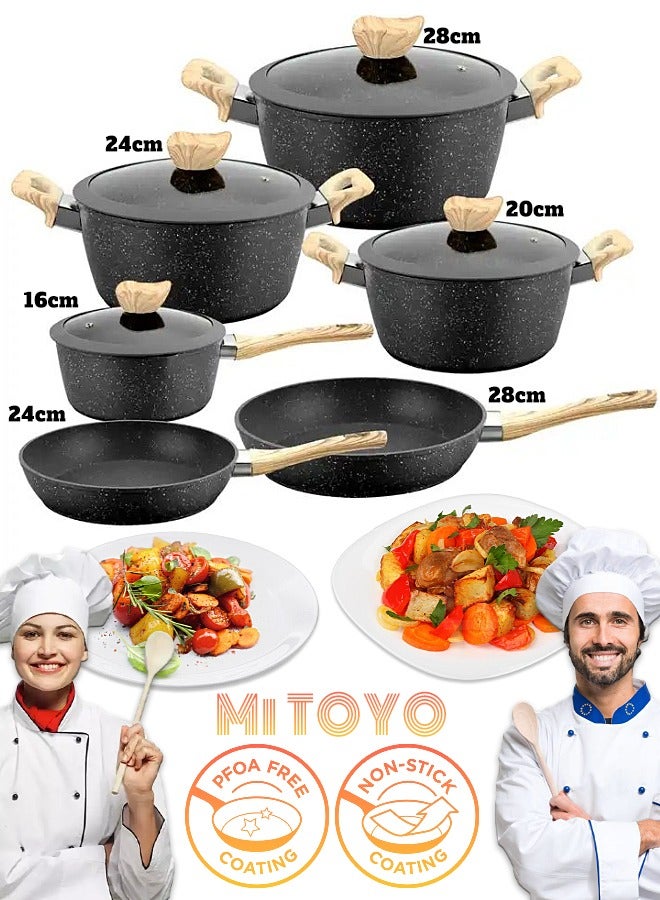 10 Pieces Non-stick Coating Cookware Set - Aluminum Alloy Material - Pot and Pan - Casserole, Stockpot, Deep Frying Pan - Kitchen Cooking Kit Black