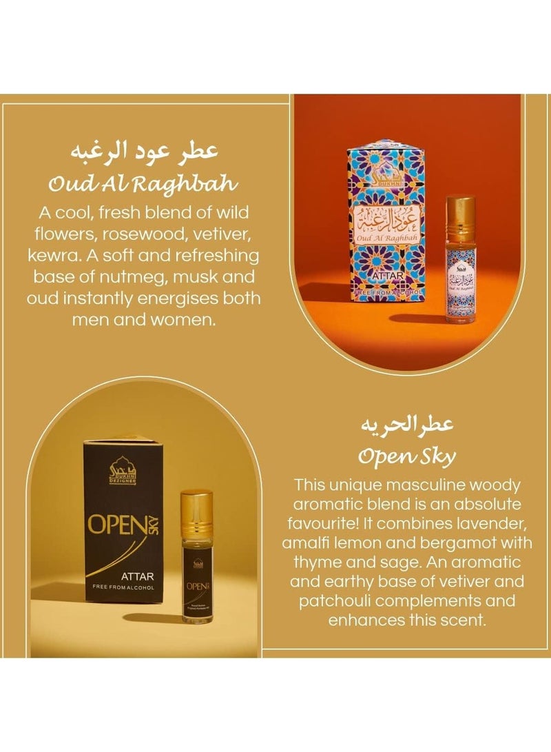 Attar Oil Set - Open Sky, Attar Ful, SkyDive, Shahi Darbar, Oud Al Qamar, Oud Al Raghbah - 6ml each
