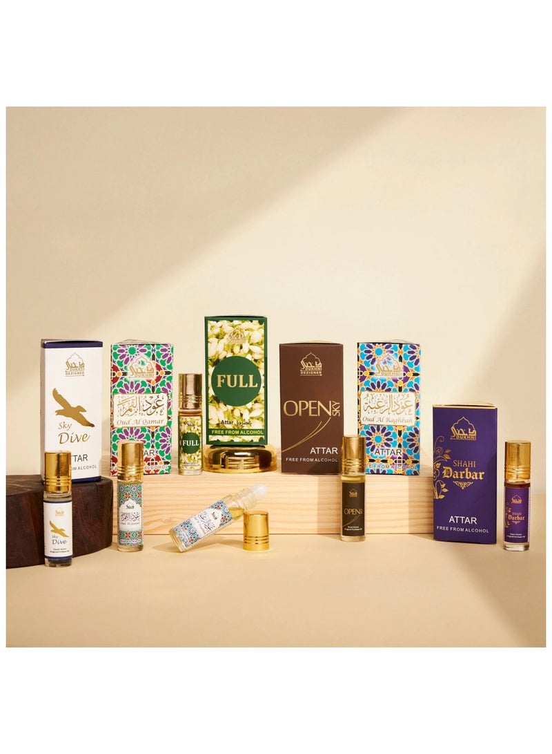 Attar Oil Set - Open Sky, Attar Ful, SkyDive, Shahi Darbar, Oud Al Qamar, Oud Al Raghbah - 6ml each
