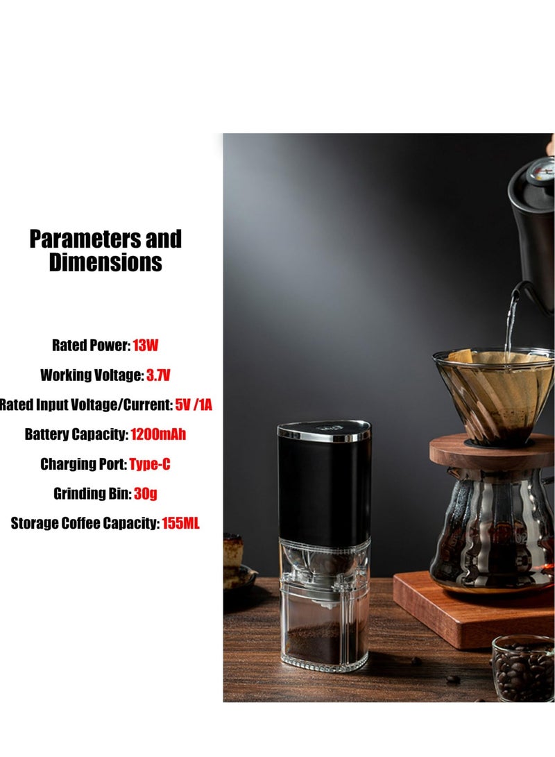 Electric Coffee Grinder Portable Mini Burr Coffee Bean Grinders with Adjustable Grind Size USB Rechargeable Simple Push Button Operation for Home Office or Travel 30g 155ML