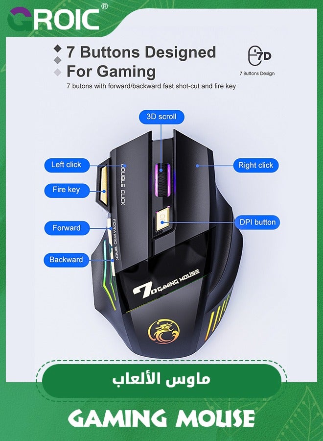 Wireless Gaming Mouse, Rechargeable Silent Wireless Mouse with 3200 DPI Adjustable,Double Click Key, Colorful RGB Lights, Computer Mice with Thumb Rest for PC/Mac Gamer