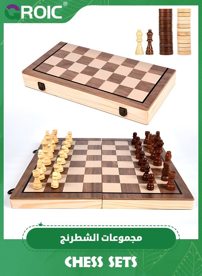 Chess Sets Magnetic Wooden 2 in 1 Chess and Checkers Set, 2 Extra Queens Folding Board, Handmade Portable Travel Chess Board Game Sets with Game Pieces Storage Slots