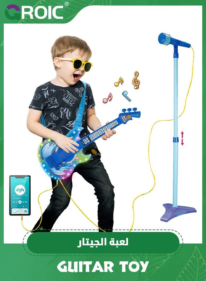 Guitar and Microphone Play Set for Kids,Karaoke Machine with Music&Light,Microphone Toys with Stand,Adjustable Height Guitar Toys for Kids