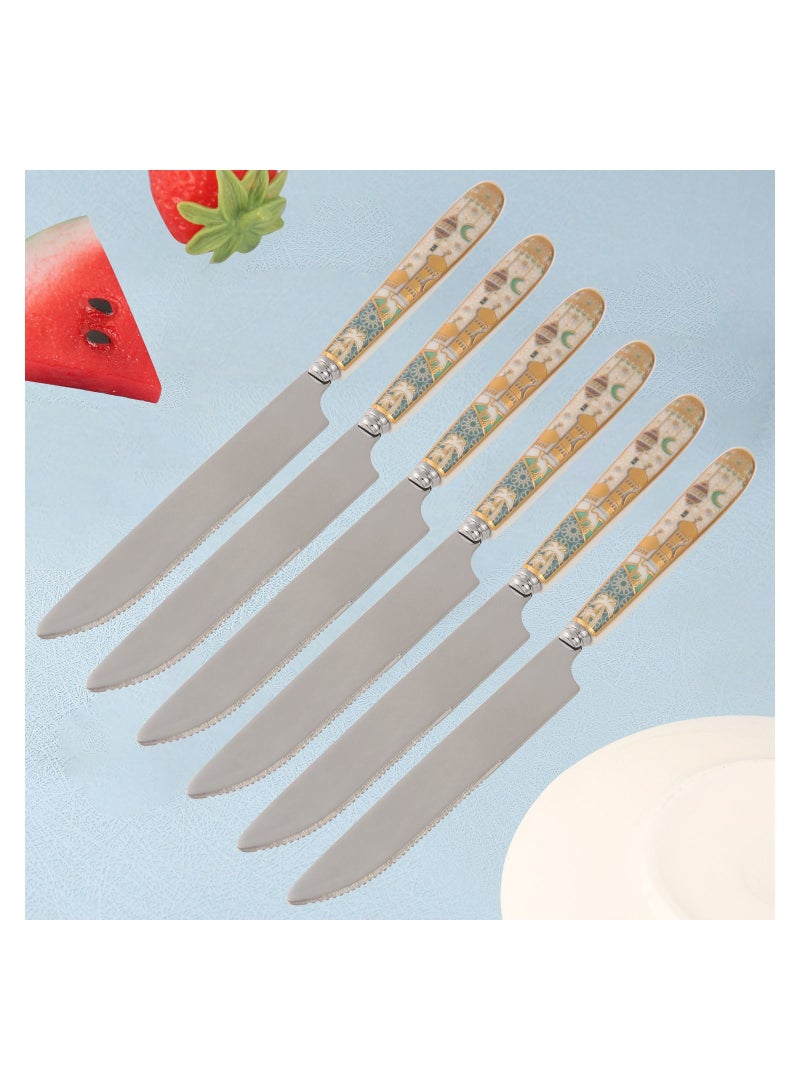 Liying 6Pcs Ramadan Designed Steak Knifes , Gold plasted design Plating Stainless Steel 19.5x1.5x19.5cm Spoons Mirror Finish, Easy To Clean, Dishwasher Safe