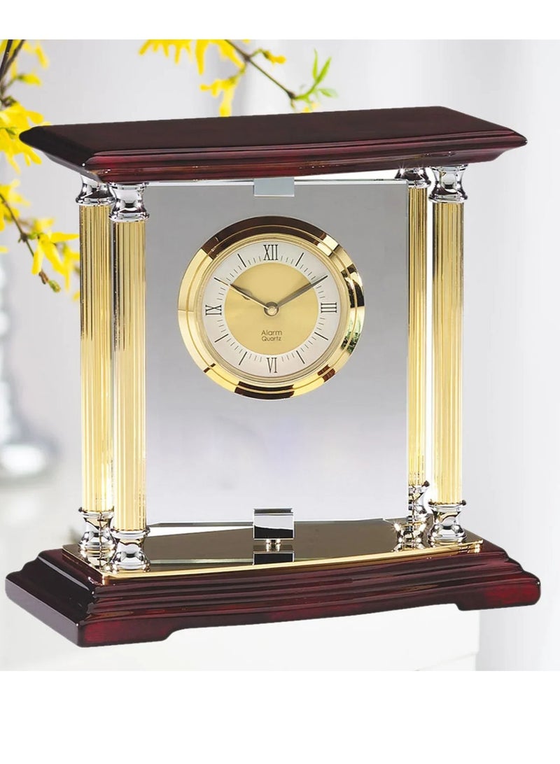 Pivoting Glass Table Desk Clock with Gold Brass Columns Mounted Cherry Wood Base